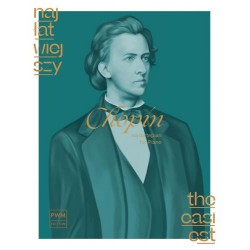 Okładka nut „Najłatwiejszy Chopin na fortepian” z serii wydawniczej PWM, z motywem graficznym nawiązującym do kompozytora.