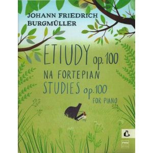 Okładka nut ETIUDY OP. 100 NA FORTEPIAN Johanna Friedricha Burgmüllera z motywem pianistki na łące