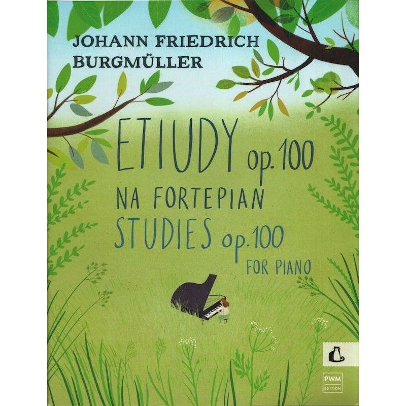 Okładka nut ETIUDY OP. 100 NA FORTEPIAN Johanna Friedricha Burgmüllera z motywem pianistki na łące