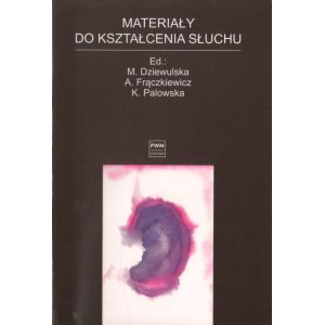 Okładka książki „Materiały do kształcenia słuchu” zebranych i opracowanych przez M. Dziewulską, A. Frączkiewicza i K. Palowską.