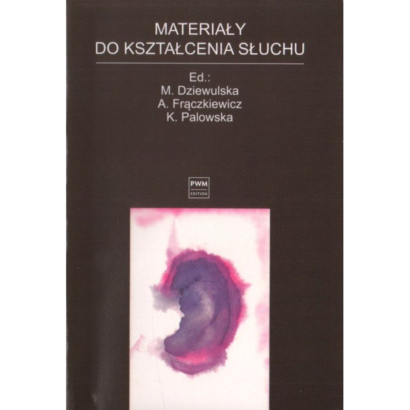 Okładka książki „Materiały do kształcenia słuchu” zebranych i opracowanych przez M. Dziewulską, A. Frączkiewicza i K. Palowską.