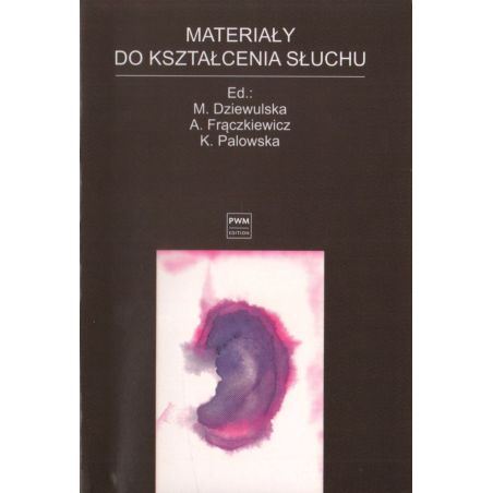 Okładka książki „Materiały do kształcenia słuchu” zebranych i opracowanych przez M. Dziewulską, A. Frączkiewicza i K. Palowską.