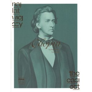 Okładka nut „Najłatwiejszy Chopin na fortepian” z serii wydawniczej PWM, z motywem graficznym nawiązującym do kompozytora.