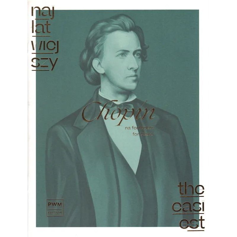 Okładka nut „Najłatwiejszy Chopin na fortepian” z serii wydawniczej PWM, z motywem graficznym nawiązującym do kompozytora.