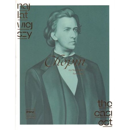 Okładka nut „Najłatwiejszy Chopin na fortepian” z serii wydawniczej PWM, z motywem graficznym nawiązującym do kompozytora.
